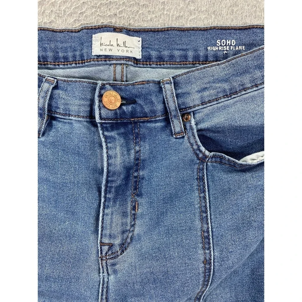 Women's Nicole Miller Soho High Rise Flare Size 10 Demin Blue Stretch Jeans